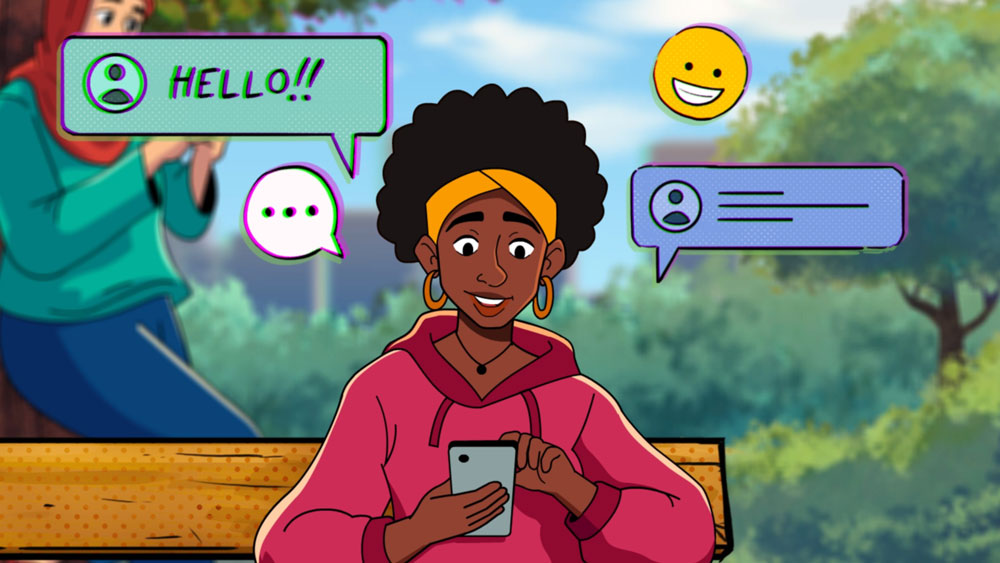 2D character animation still of a young woman with a phone from the YWCA BlockHate video