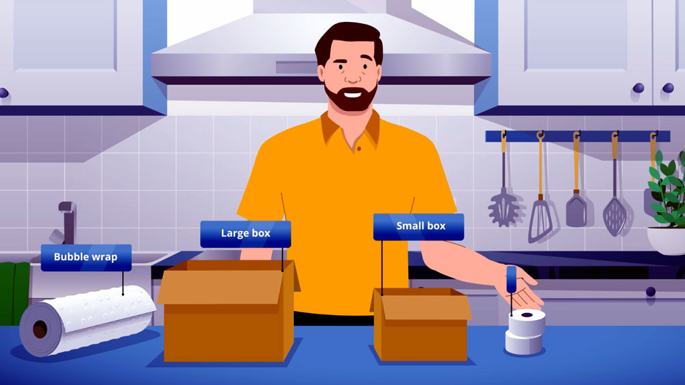 Animated how-to video still with boxes, bubble wrap and tape