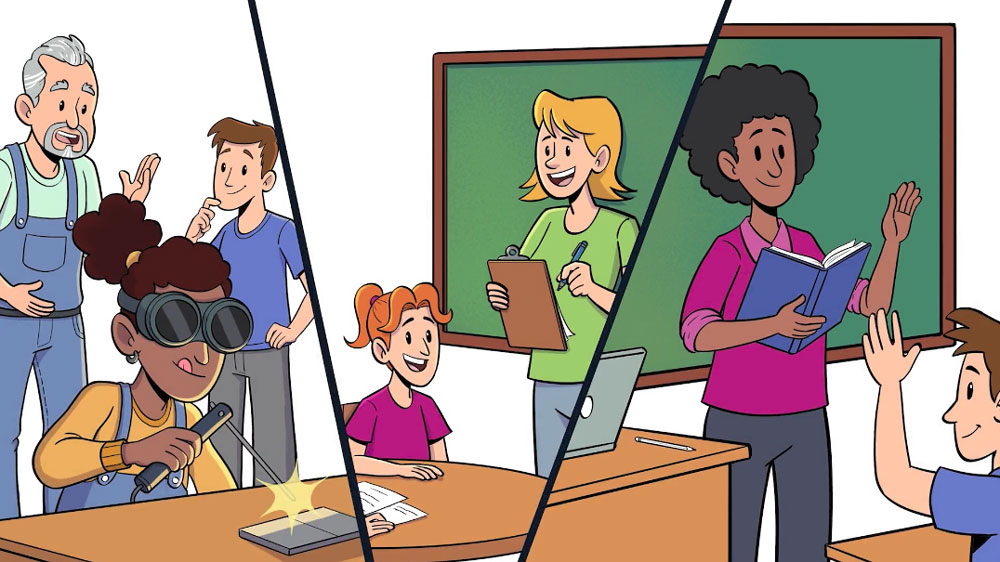 Elearning video still of teachers and students in a 2D animated classroom