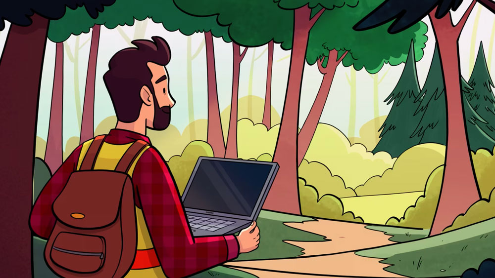 Painterly 2D animation still of a man with a laptop in a forest from a Metis Nation video