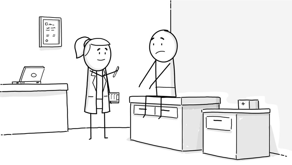 Whiteboard-style animation still of a doctor and a patient