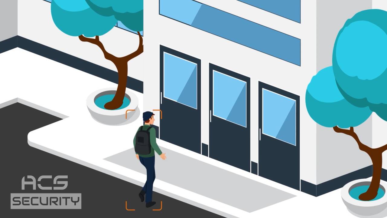 Person outside a building inside camera tracking frames, ACS Security video
