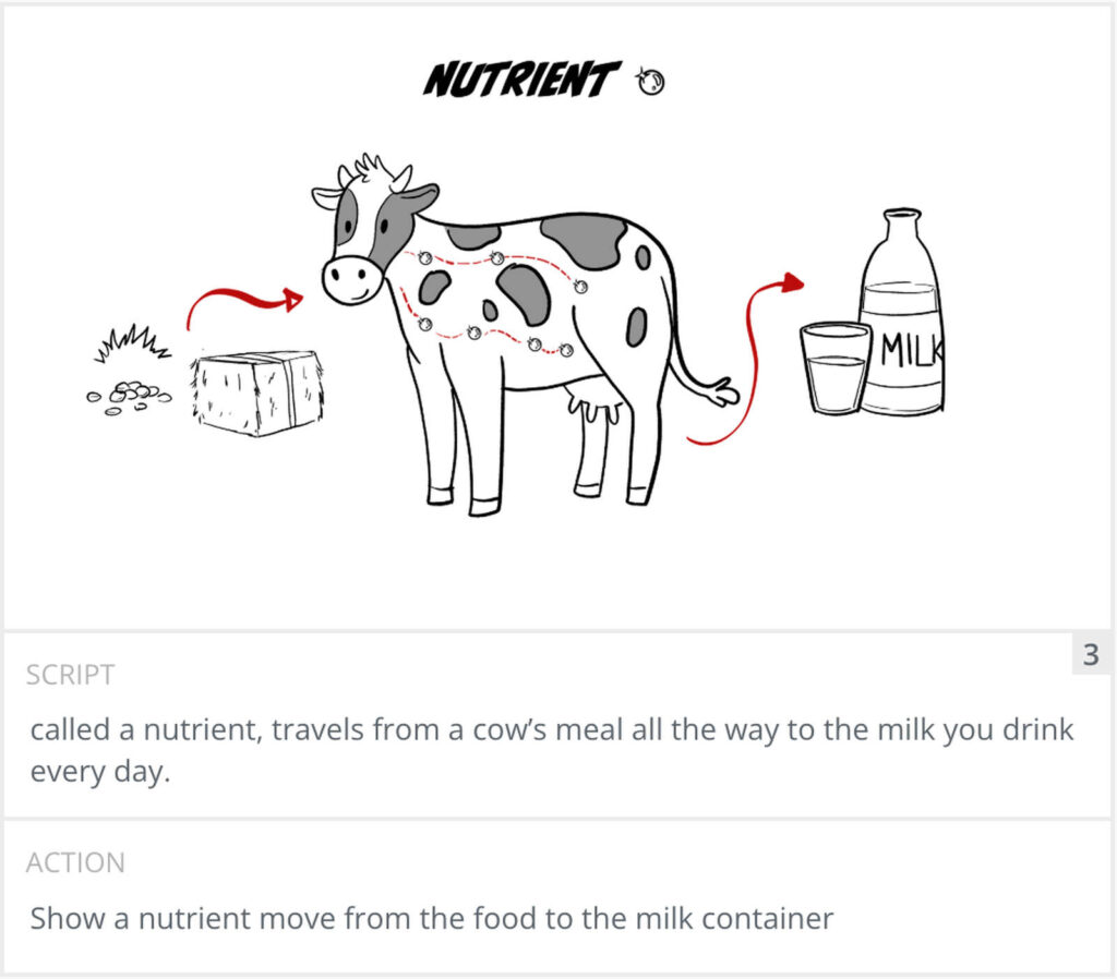 Storyboard panel 3: diagram of a nutrient travelling from cow feed to a glass of milk
