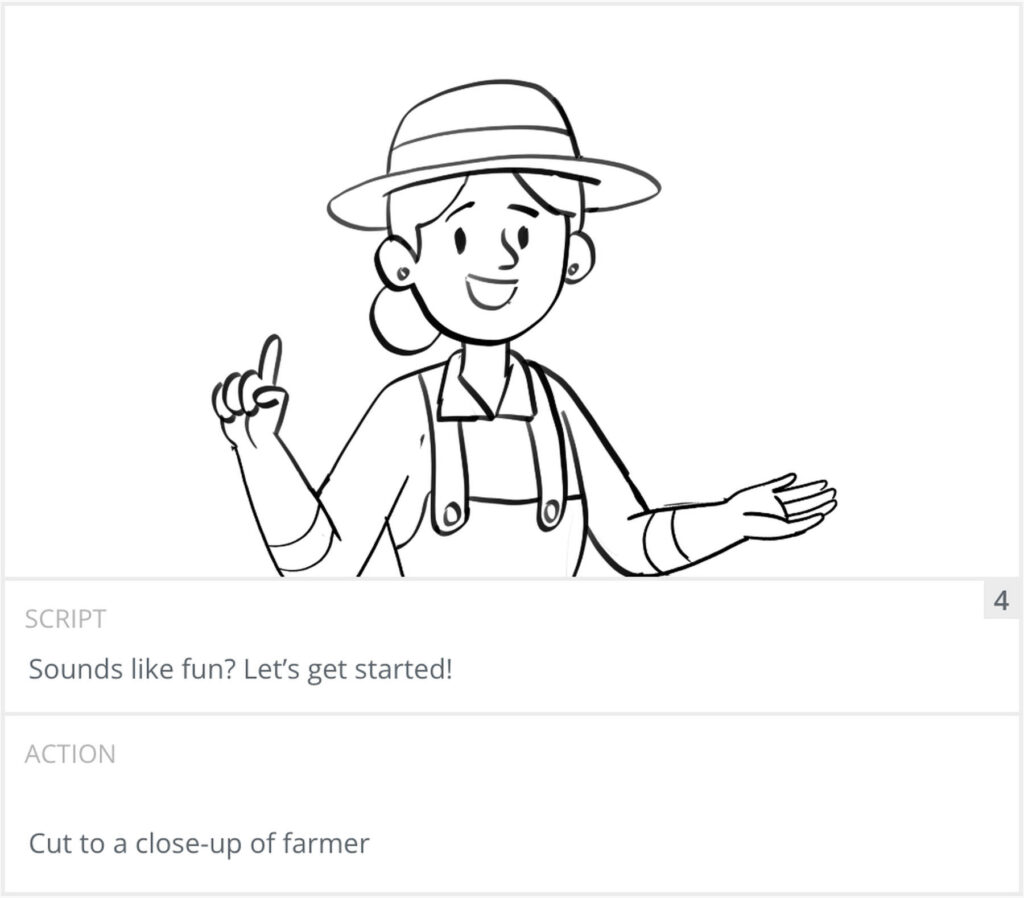 Storyboard panel 4: close-up of the farmer gesturing to the viewer