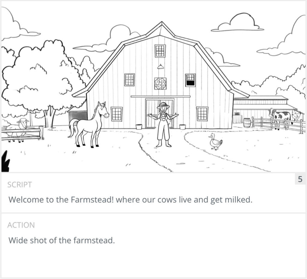 Storyboard panel 5: wide shot of the farmstead barn and yard