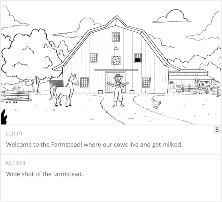 Storyboard panel 5: wide shot of the farmstead barn and yard