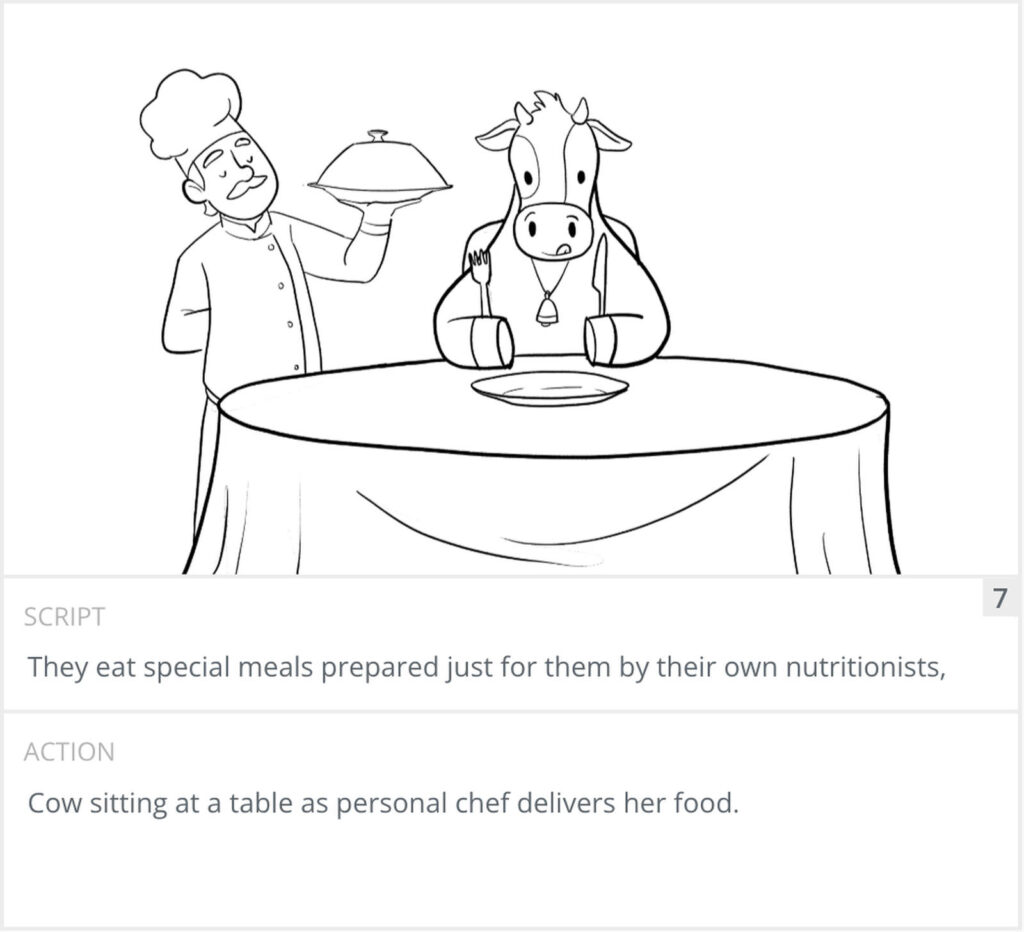 Storyboard panel 7: chef serving a covered dish to a cow at a table