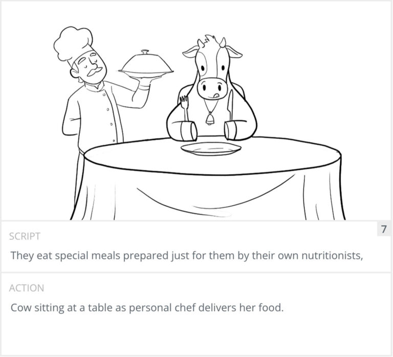 Storyboard panel 7: chef serving a covered dish to a cow at a table