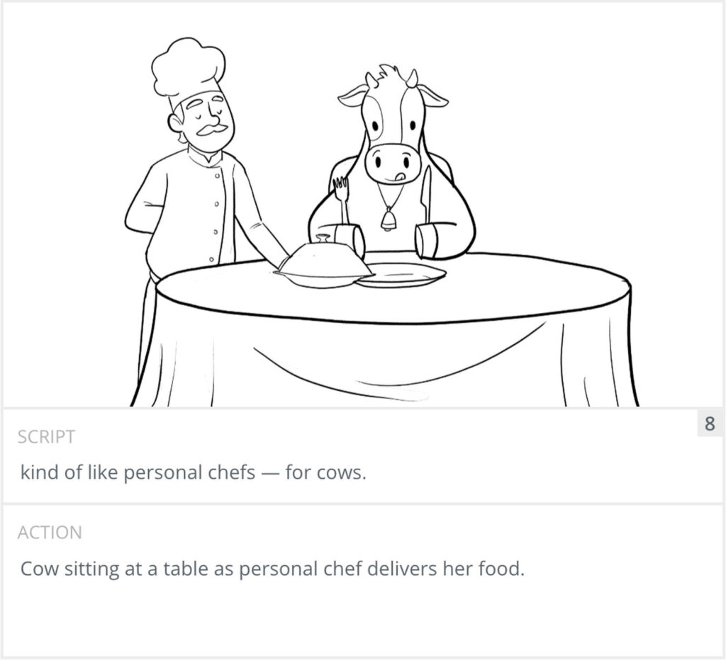 Storyboard panel 8: chef setting the covered dish on the table in front of the cow