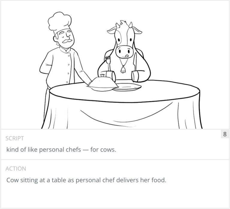 Storyboard panel 8: chef setting the covered dish on the table in front of the cow